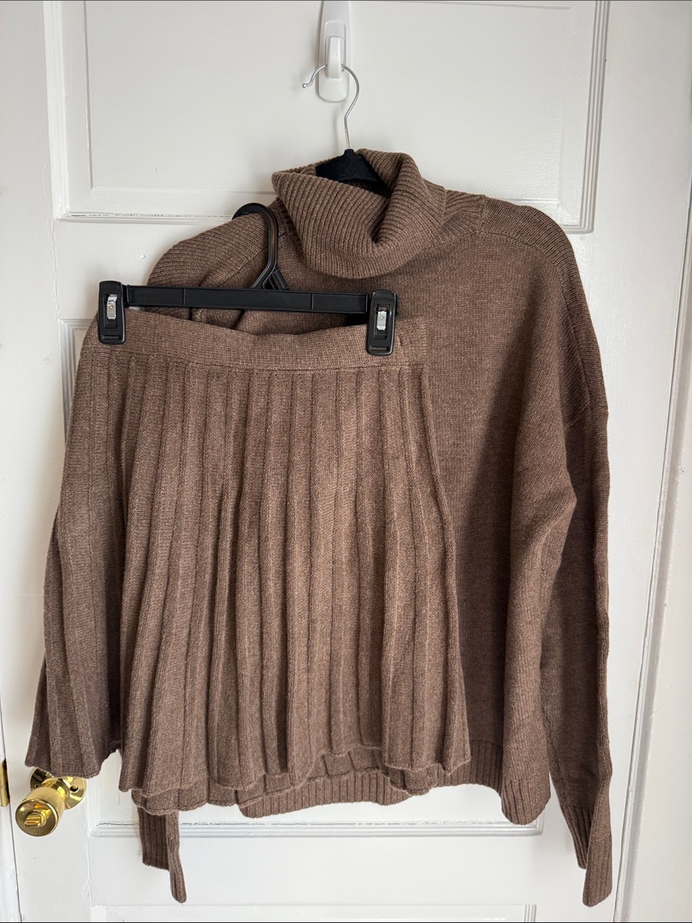 SHEIN Brown Cowl Neck Sweater with Pleated Knit Skirt Set